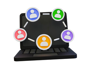 3d minimal online user contact icon. social media user relationship. laptop with a user icon connected. 3d illustration.