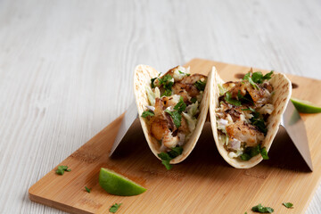 Homemade Fresh Fish Tacos, low angle view. Copy space.