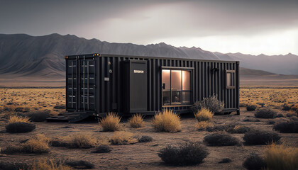 Off grid shipping container home realistic isolated. Al generated