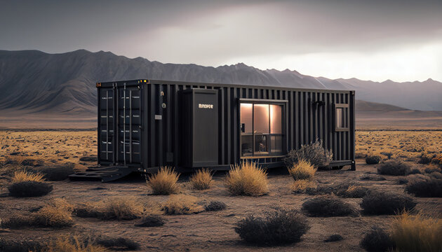 Off grid shipping container home realistic isolated. Al generated