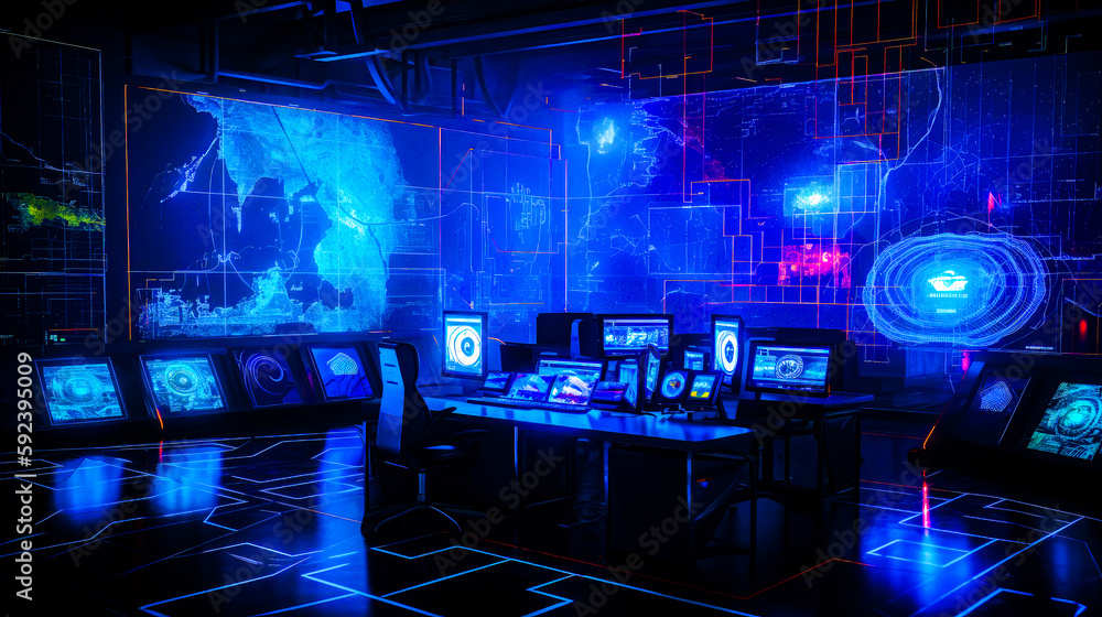 Poster room with lot of computers and speakers on the wall and lot of lights on the floor. generative ai.