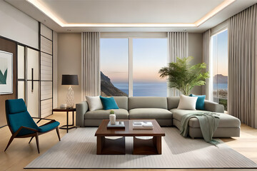 Fototapeta na wymiar Interior design of a serene and calming living room that incorporates soft lighting, muted colors, and minimalist decor | Generative AI