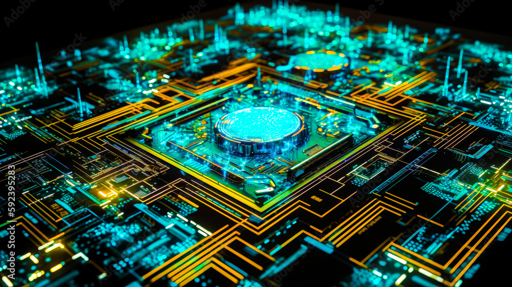 Poster computer circuit board with blue light in the middle of the board. generative ai.
