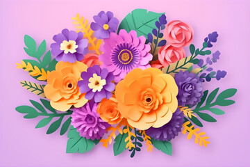 3D flowers illustration, botanical arrangement, festive floral bouquet, paper cut art, bright candy colors, on lilac background. Happy mothers, valentines, womens day holiday concept. Ai generated.
