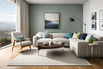 Interior design of a serene and calming living room that incorporates soft lighting, muted colors, and minimalist decor | Generative AI