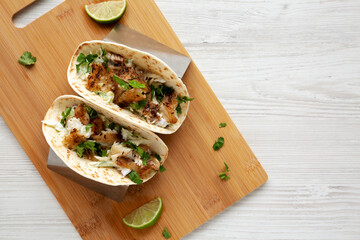 Homemade Fresh Fish Tacos , top view. Flat lay, overhead, from above.