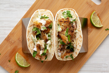Homemade Fresh Fish Tacos , top view. Flat lay, overhead, from above.