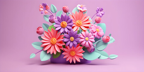 3D banner with flowers illustration, botanical arrangement, festive floral bouquet in a vase, bright candy colors. Happy mothers, valentines, womens day holiday concept. Ai generated.