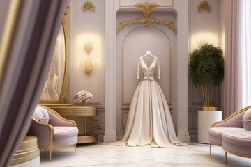 Obraz na płótnie Canvas Sweet modern white wedding dress in the luxury room. Super photo realistic background, generative ai illustration