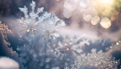 winter background. bright pastel colors. flirring bokeh. snow flakes bokeh. ice crystals bokeh. ice flowers in focus - 592395479