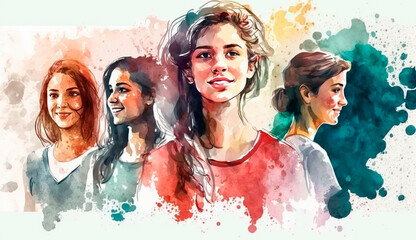 Group of happy women for International Women's Day, watercolor style drawing. Generative Ai,
