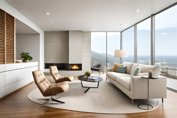 Interior design of a serene and calming living room that incorporates soft lighting, muted colors, and minimalist decor | Generative AI