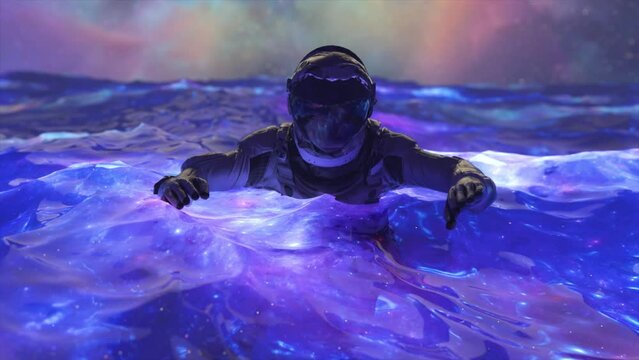 Space abstract concept. The astronaut swims in the blue space water. Neon color. Aurora Borealis. 3d animation 