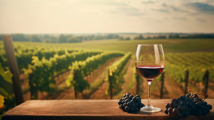 a glass of wine stands on a table with a bunch of grapes overlooking a sunny summer field with vineyards. Generative AI,