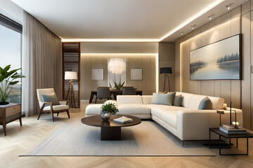 Naklejka na ściany i meble Interior design of a serene and calming living room that incorporates soft lighting, muted colors, and minimalist decor | Generative AI