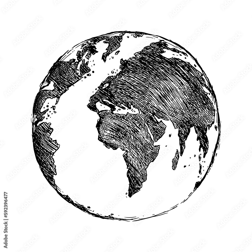 Wall mural globe sketch. hand drawn earth planet with continents and oceans. doodle world map vector illustrati