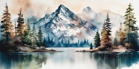 Papier Peint photo autocollant Forêt dans le brouillard Watercolor mountain lake