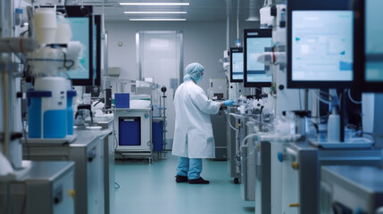 Medical operator with lab coat and personal protection in an analysis laboratory - ai generative