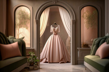 Fototapeta premium Sweet modern white wedding dress in the luxury room. Super photo realistic background, generative ai illustration