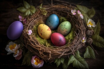 Fototapeta na wymiar Easter eggs in nest with spring flowers on dark wooden background