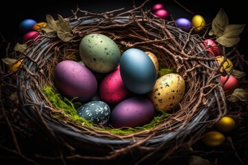 Fototapeta na wymiar Colorful Easter eggs in nest on dark background. Happy Easter