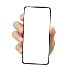 close up man hand hold smartphone with blank screen isolated on transparent background for marketing or advertisement and design concept