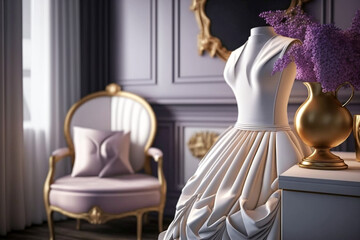 Obraz na płótnie Canvas Sweet modern white wedding dress in the luxury room. Super photo realistic background, generative ai illustration