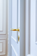 close-up angled vertical plan of a white wooden door and a golden doorknob