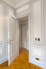 
vertical corner shot of a part of an interior with a white wall with an ajar door and a view of a corridor with another door, white walls and a parquet wooden floor