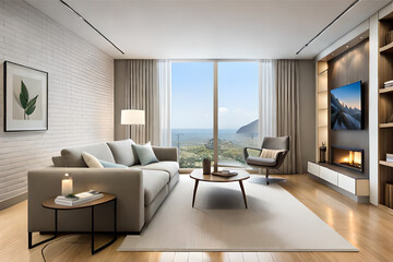 Fototapeta premium Interior design of a serene and calming living room that incorporates soft lighting, muted colors, and minimalist decor | Generative AI