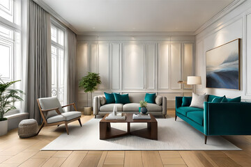Fototapeta premium Interior design of a serene and calming living room that incorporates soft lighting, muted colors, and minimalist decor | Generative AI