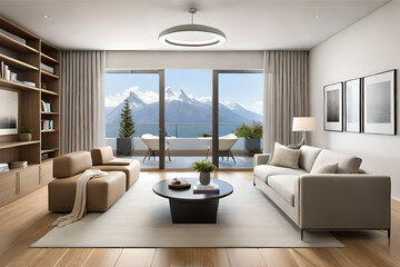 Interior design of a serene and calming living room that incorporates soft lighting, muted colors, and minimalist decor | Generative AI