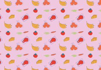 Seamless colorfull vector pattern of groceries, tomatoes and cheese. Pattern of bananas, meat, carrots and oranges. Food items. Fruits, vegetables. Consumer basket.