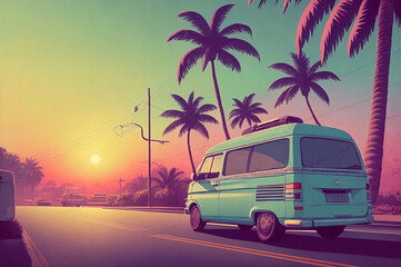 Van driving down a street next to palm trees. Retro wave illustration. Decorative background, concept of summer, travel, holidays and freedom. Generative AI