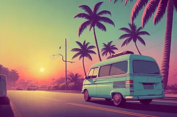 Fototapeten Van driving down a street next to palm trees. Retro wave illustration. Decorative background, concept of summer, travel, holidays and freedom. Generative AI © cmapuk_0nline
