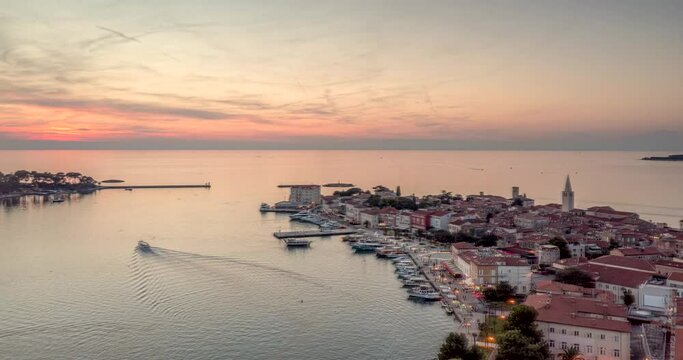 Drone time-lapse video of sunset over Porec