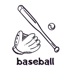 Baseball sign, emblem. Baseball glove, baseball bat and ball. Vector doodle sport equipment logotype isolated. Outline illustration.