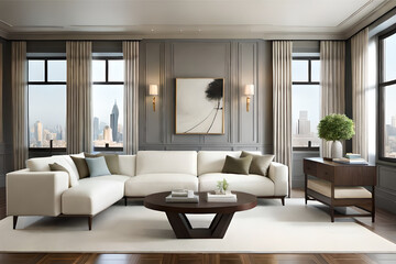 Fototapeta premium Interior design of a serene and calming living room that incorporates soft lighting, muted colors, and minimalist decor | Generative AI