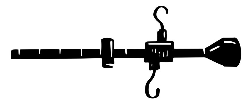 The Steelyard balance portable. Lever or pivot scales silhouette with weight and balance beam. Steelyard crane. Vector graphic isolated illustration for book, children's learning aids