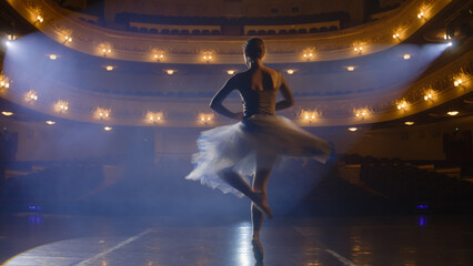 Ballet female dancer in white tutu dress practices choreography moves on stage and prepares to...