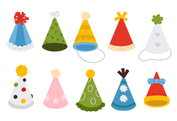 Vector illustration set of cute doodle colored party hats for digital stamp,greeting card,sticker,icon,design