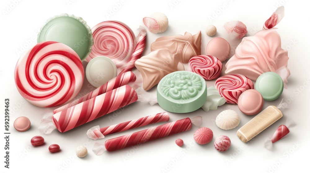 Poster a pile of candy and lollipops on a white background with a white background and a red and green loll