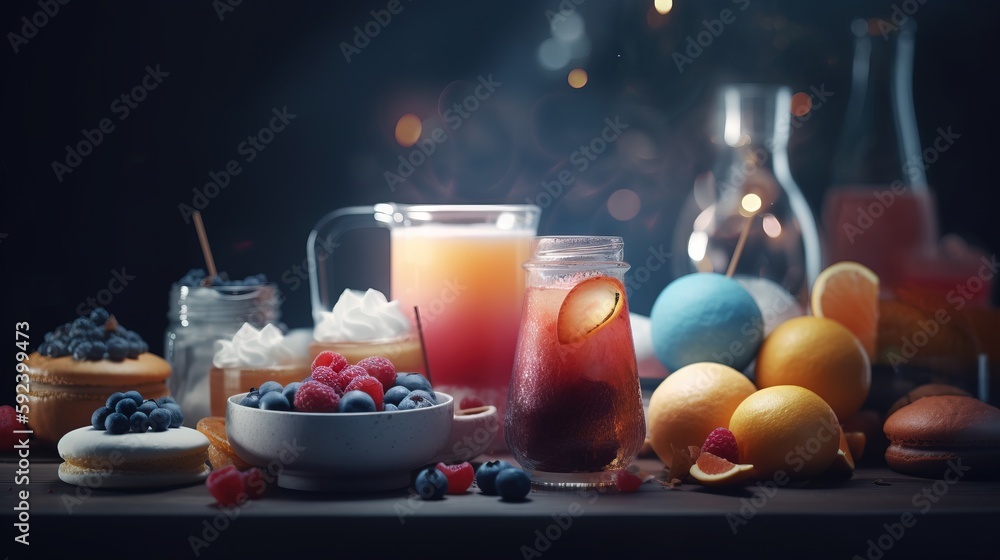 Poster a table topped with a bowl of fruit and a pitcher of juice next to a bowl of fruit and a bowl of ice