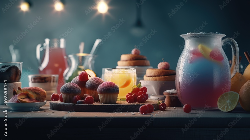 Poster a table topped with a pitcher of liquid and a bowl of fruit next to a plate of pastries and a pitche