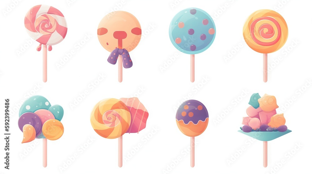 Poster a variety of lollipops on a stick with different designs on them, all in different colors and shapes