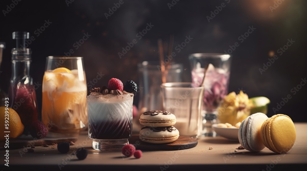 Poster a table topped with glasses filled with different types of drinks and desserts next to each other on