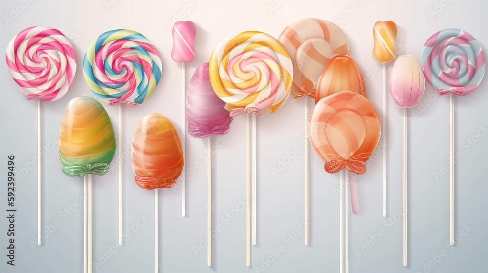 Poster a row of colorful lollipops on a stick with a pastel blue background and a white background with a l