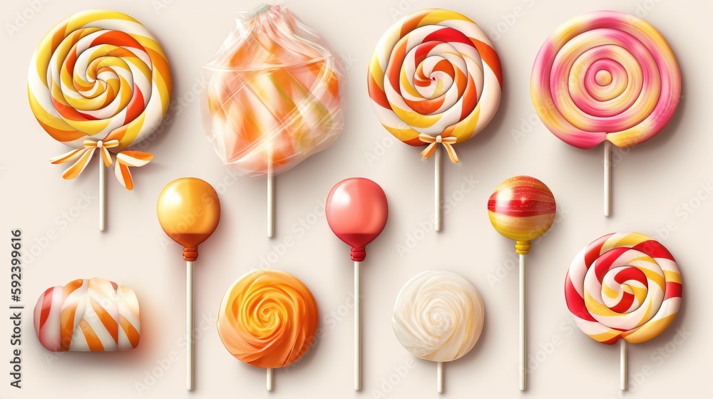Poster a variety of lollipops on a white background with a bow on the top of each lollipops is a candy. gen