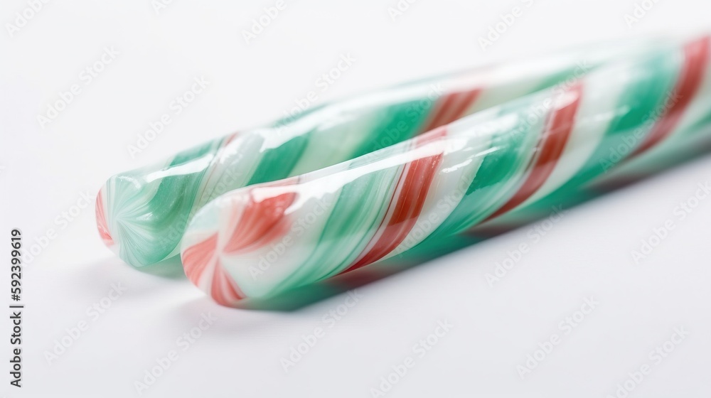 Poster two candy canes sitting side by side on a white surface with a red and green stripe on the top of ea