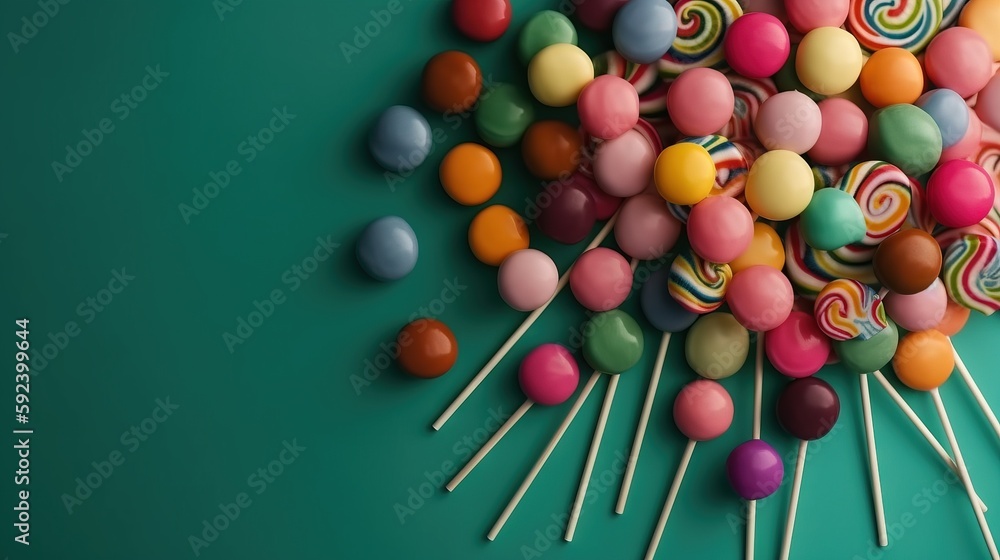Poster  a pile of colorful lollipops on a green background with a green background and a green background with a green background and a bunch of lollipops.  generative ai